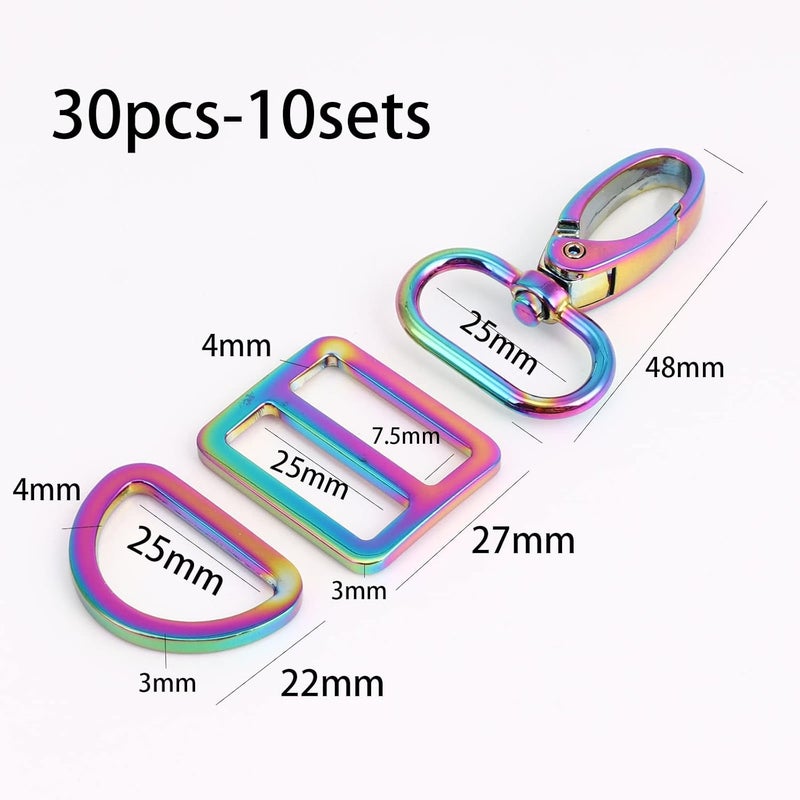 PECMER 30 Pcs Rainbow Purse Hardware for Bag Making Swivel Hooks 1 Inch D Rings for Purse Strap Dog Collar Handbags Buckles Replacement Belt Making Supplies 25mm 10 Set Colorful(30 pcs Rainbow) - Image 2